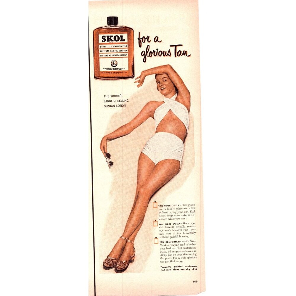 1950 Skol Suntan Lotion Tanning Vintage Print Ad Woman Bathing Suit Wall Art 50s